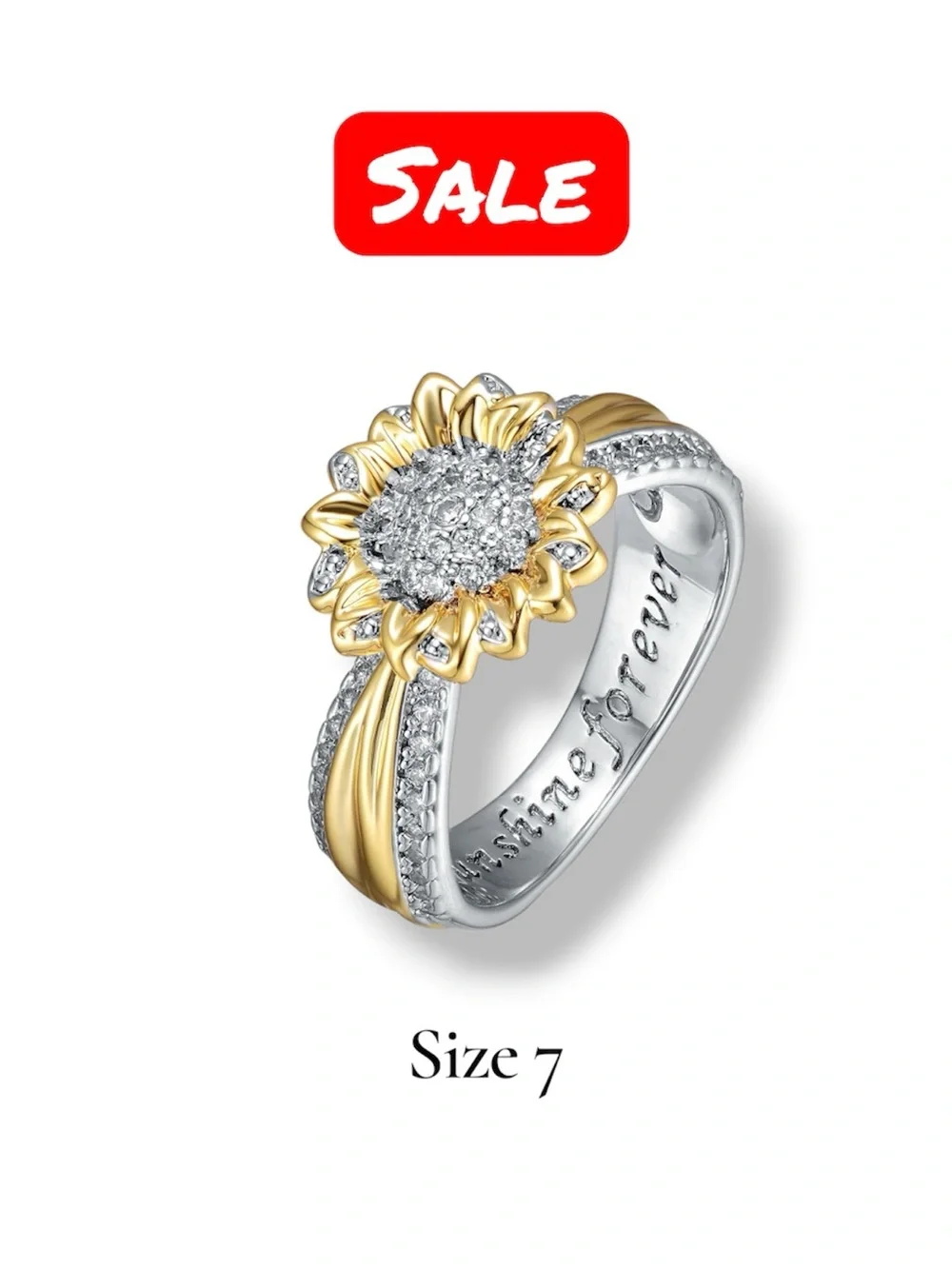 Sunflower Two-Tone Gold & Silver Ring with Pavé Crystals sz 7